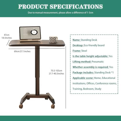 Height Adjustable Standing Table, Pneumatic Lift Laptop Desk, Movable Sofa Side Table with Wheels, Large Thick Steel Tube Computer Desk
