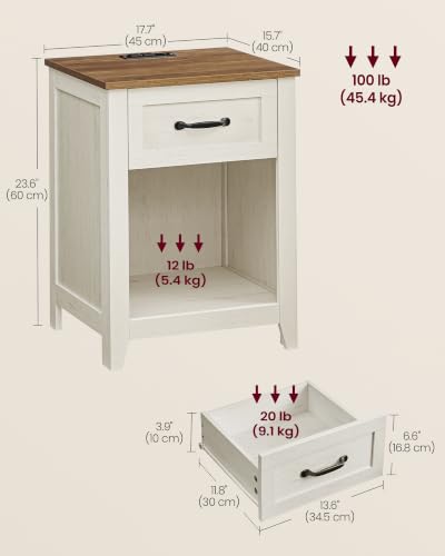 VASAGLE LIRY Collection - Farmhouse Nightstand with Charging Station, Bedside Table, Side Table with Drawer, Open Compartment, for Bedroom, Rustic White and Honey Brown ULET659K41 - color: Rustic White + Honey Brown, size: 1 PACK, style: 17.7"W x 23.6"H W
