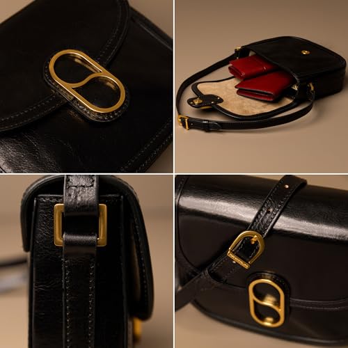 Time Resistance Full-Grain Leather Crossbody Bag – Shoulder Bag with Magnetic Closure - Leather Messenger Bag for Women - color: Black