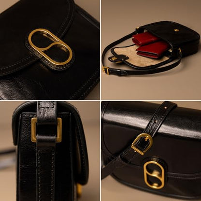Time Resistance Full-Grain Leather Crossbody Bag – Shoulder Bag with Magnetic Closure - Leather Messenger Bag for Women - color: Black