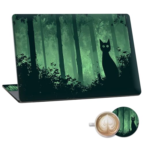 Laptop Skin Sticker Decal 15.6 Inch,12 13 13.3 14 15 15.6 in Laptop Netbook Skins for Notebook,Art Decal Removable Waterproof Scratch Resistant,Universal Vinyl Cover,Black Cat Green Forest - color: Black Cat Green Forest