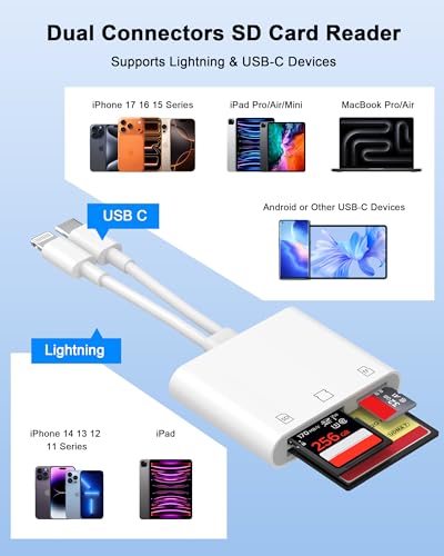 [Apple MFi Certified] 2-in-1 SD Card Reader for iPhone 17 16 15 14 13 12 11 | USB C & Lightning Memory Card Adapter with Compact Flash/CF/SD/MicroSD Slots Compatible with iPad MacBook Pro/Air/Mini Laptop - color: TWhite