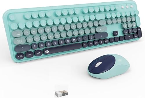 Teal Wireless Keyboard and Mouse Combo, Aesthetic Bubble Keyboard with Round Keys, 2.4Ghz Retro Typewriter Style Full Size Keyboard with Number Pad for PC Laptop Desktop - color: Teal Wireless Keyboard Mouse