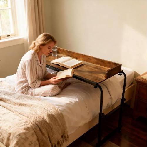 Overbed Table with Wheels and Desktop Enclosure, Height and Length Adjustable Over Bed Desk King Queen Bed Table Overbed Laptop Table (Rustic Brown) - color: Rustic Brown