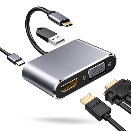 4-in-1 USB C to HDMI VGA Adapter Hub with 4K HDMI, 1080P VGA, USB 3.0 Port & OTG Adapter for MacBook Pro/Air, iPad Pro, Dell, Lenovo, Samsung Galaxy & USB-C Devices