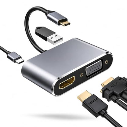 4-in-1 USB C to HDMI VGA Adapter Hub with 4K HDMI, 1080P VGA, USB 3.0 Port & OTG Adapter for MacBook Pro/Air, iPad Pro, Dell, Lenovo, Samsung Galaxy & USB-C Devices