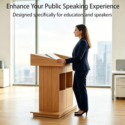 Podium Stand, Podium with Wheels, Floor Standing Speaking Poidum Lectern Stand, Church Pulpit with Storage, Office Wooden Reception Desk, Host Stand for School Conference | Natural - color: Natural