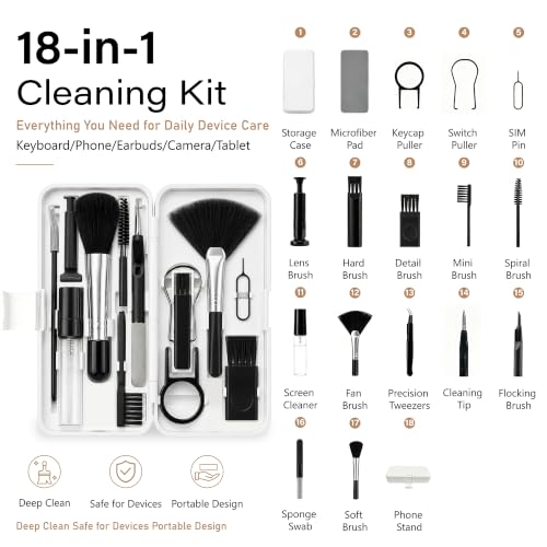 Keyboard Cleaning Kit, Laptop Cleaner for Computer MacBook iPhone AirPods, 18-in-1 Electronics Cleaning Tool with Brush Spray Microfiber Cloth for PC Screen Camera Monitor, White