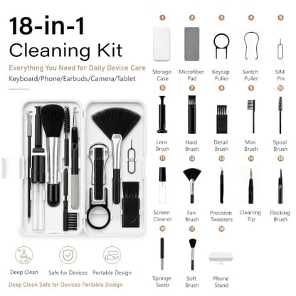 Keyboard Cleaning Kit, Laptop Cleaner for Computer MacBook iPhone AirPods, 18-in-1 Electronics Cleaning Tool with Brush Spray Microfiber Cloth for PC Screen Camera Monitor, White