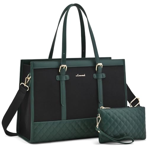 LOVEVOOK Laptop Bag for Women, 15.6 Inch Computer Tote Bags Purse for Work | Canvas, with Long Shoulder Strap&Clutch Purse, Handbag, Casual Stylish Tote Bag for Work Office Travel College Teacher School - color: Green & Black, size: 15.6 inch