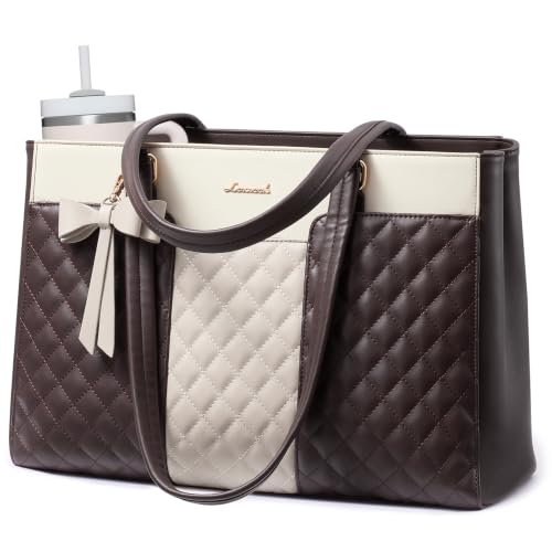 LOVEVOOK Laptop Tote Bag for Women,15.6 Inch Work Bags PU Leather Teacher Tote Bag,Waterproof Quilted Computer Bag for Office Professional Briefcase Gifts - color: Beige-nude-coffee-a, size: 15.6 Inch