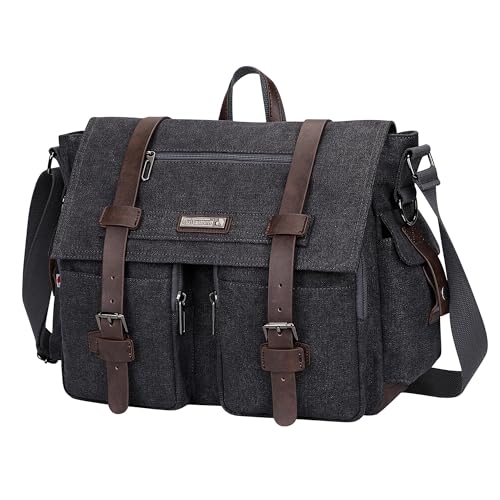 WITZMAN Vintage Canvas Messenger Bag for Men and Women Large Satchel Bags Crossbody Shoulder with 16 inch Laptop - color: Black
