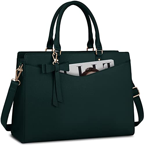 RAINSMORE Laptop Bag for Women 15.6 Inch PU Tote Bag Business Work Bag Waterproof Briefcase Computer Tote Lightweight Handbag Shoulder, Dark Green - color: Dark Green