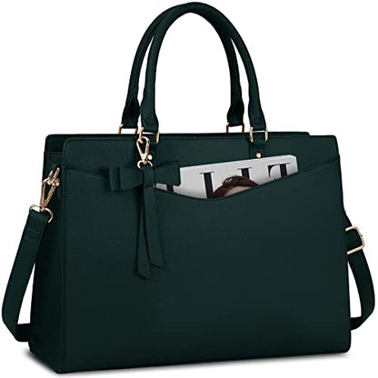 RAINSMORE Laptop Bag for Women 15.6 Inch PU Tote Bag Business Work Bag Waterproof Briefcase Computer Tote Lightweight Handbag Shoulder, Dark Green - color: Dark Green