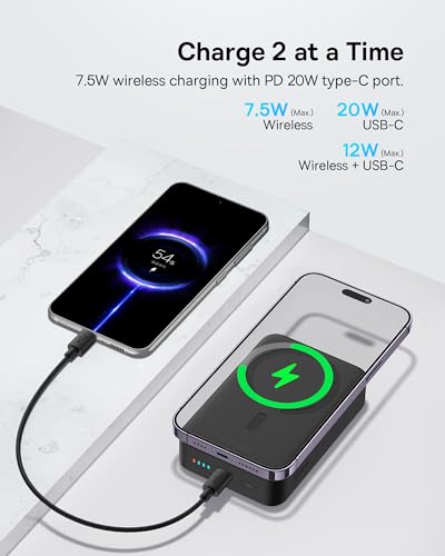 Baseus Picogo AM52 MagSafe Power Bank, Qi2.2 25W 10,000mAh 0.6" Slim Built-in 45W USB-C Cable, Bundle with 20000mAh Wireless Portable Charger for iPhone 17/16/15/14/13/12