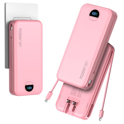20000mAh Ultra Portable Charger Power Bank with inBuilt Cables&AC Wall Plug | PD20W USB-C Fast Charging Cell Phone Charger Battery Pack,LED Display Travel Battery Bank for All iPhone,Samsung,Android - color: Pink-20Ah
