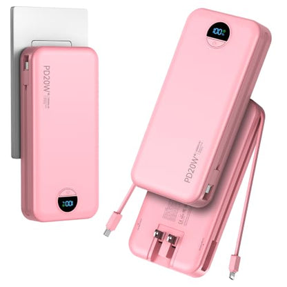 20000mAh Ultra Portable Charger Power Bank with inBuilt Cables&AC Wall Plug | PD20W USB-C Fast Charging Cell Phone Charger Battery Pack,LED Display Travel Battery Bank for All iPhone,Samsung,Android - color: Pink-20Ah