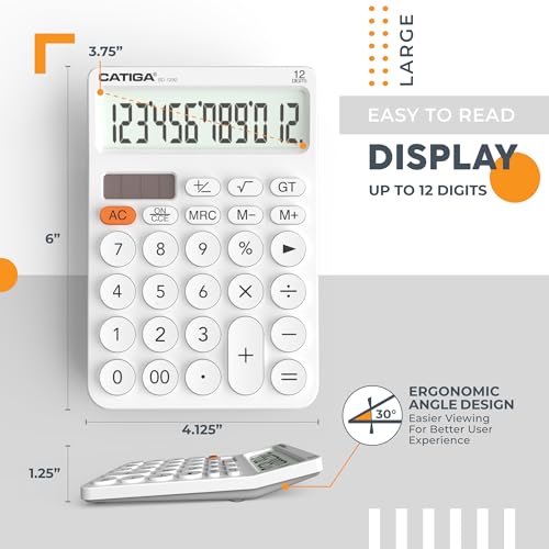 CATIGA 12 Digit Desktop Calculator Basic Desk Calculator with Large LCD Display, Big Buttons, 4 Function, Solar and Battery Dual Power, for Office, School, Home, SD-1292 White - color: 4) White
