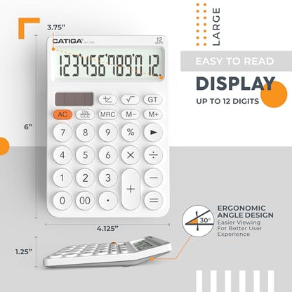 CATIGA 12 Digit Desktop Calculator Basic Desk Calculator with Large LCD Display, Big Buttons, 4 Function, Solar and Battery Dual Power, for Office, School, Home, SD-1292 White - color: 4) White