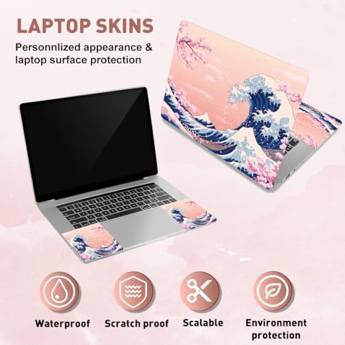 PLIGREAT 15 Inch Laptop Skin Sticker Decals, Pink Sea Wave Universal Vinyl Reusable Notebook Cuttable Decal Watercolor Art Protector Cover for 12" 13" 13.3" 14" 15 inch Laptop Netbook - color: Sea Wave