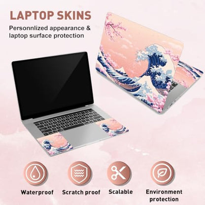 PLIGREAT 15 Inch Laptop Skin Sticker Decals, Pink Sea Wave Universal Vinyl Reusable Notebook Cuttable Decal Watercolor Art Protector Cover for 12" 13" 13.3" 14" 15 inch Laptop Netbook - color: Sea Wave