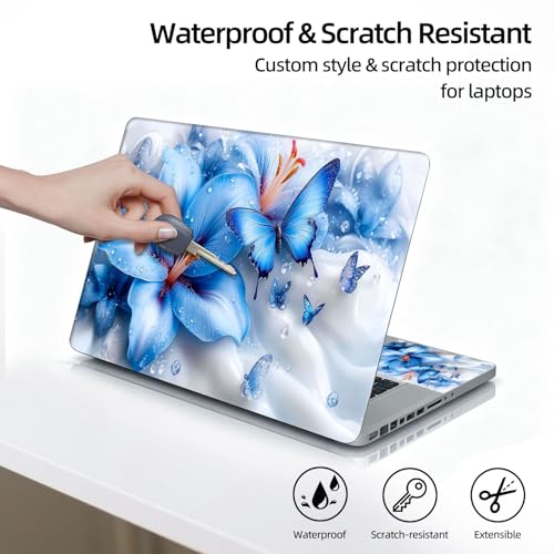 Universal Laptop Skin Sticker Decal, 12"-15.6" Aesthetic Vinyl Wrap, Blue Flower Butterfly Waterproof Notebook Cover Art Protector for MacBook HP Dell Lenovo, Fits 13" 14" 15" 15.6" - color: Blue Flower Butterfly