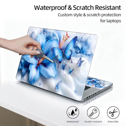 Universal Laptop Skin Sticker Decal, 12"-15.6" Aesthetic Vinyl Wrap, Blue Flower Butterfly Waterproof Notebook Cover Art Protector for MacBook HP Dell Lenovo, Fits 13" 14" 15" 15.6" - color: Blue Flower Butterfly