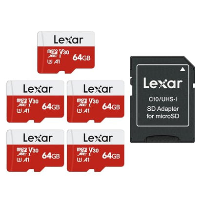 Lexar E-Series 64GB Micro SD Card 5 Pack, microSDXC UHS-I Flash Memory Card with Adapter, 100MB/s, C10, U3, A1, V30, Full HD, 4K UHD, High Speed TF Card - color: 64GB x5