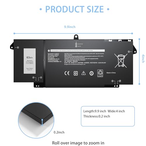 7FMXV Laptop Battery Replacement for Dell Latitude 5320 7320 7420 7520 Series TN2GY 0TN2GY 9JM71 4M1JN 1PP63 727CG MHR4G HDGJ8 CN-0727CG CN-0TN2GY [15.2V/63Wh] - size: 9.9*4*0.2inch 7FMXV