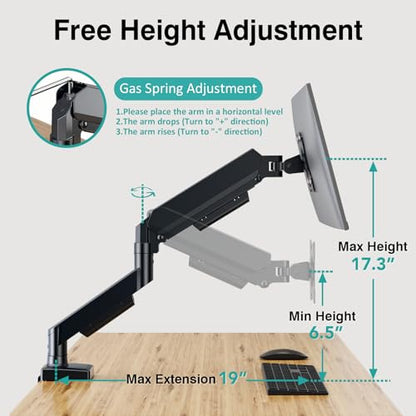 Single Monitor Arm, Monitor Mount for 17-32 inch Screens Gas Spring Adjustable Monitor Stand, Vesa Mount with Clamp and Grommet Aluminum Base - Fits 4.4 to 22lbs LCD Computer Monitors AX09DB01-1 - size: Single monitor arm