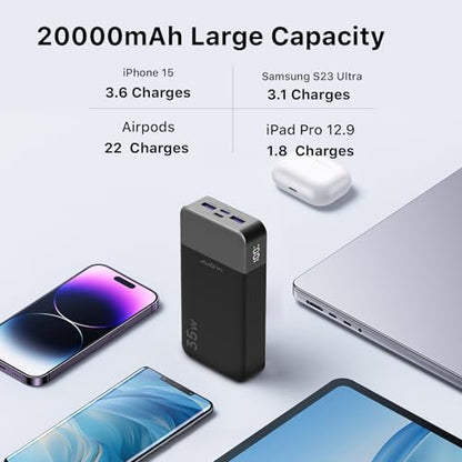 JUOVI Power Bank 35W 20000mAh Portable Charger Fast Charging，PD 3.0 QC 4.0 Fast Charging Phone Charger with LED Display, Travel Battery Pack 2 USB C 2 USB A Ports for iPhone 16/15/14 Series, Galaxy, - color: 4 Outputs Black