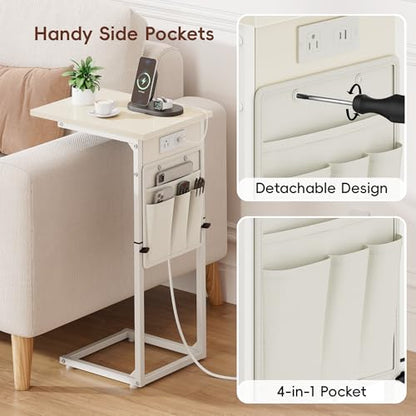 Vagusicc C Shaped End Table with Charging Station, Adjustable Height Side Table for Couch, Small Sofa Table C Table End Table, Slide Under Couch Table TV Tray Arm Table for Living Room, Bedroom, Cream - color: Cream White, style: With Plug
