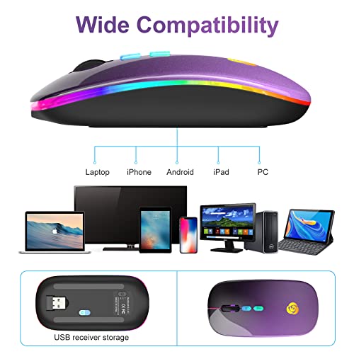 CC Store Wireless Mouse for Laptop,USB-C Rechargeable with Dual Connection | Bluetooth mouse with 2.4GHz USB receiver, silent slim design, adjustable DPI for laptop,MacBook,PC and tablet,Black-purple - color: Black-purple