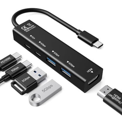 USB C Hub, 5 in 1 USBC to HDMI Adapter with 4K@60Hz, 100W Power Delivery, USB-C 5Gbps, 2 × USB-A 3.0 5Gbps, USBC Splitter Docking Station for MacBook, iPad Pro, iPhone 17/16, Windows