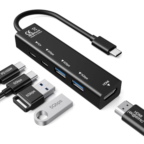 USB C Hub, 5 in 1 USBC to HDMI Adapter with 4K@60Hz, 100W Power Delivery, USB-C 5Gbps, 2 × USB-A 3.0 5Gbps, USBC Splitter Docking Station for MacBook, iPad Pro, iPhone 17/16, Windows