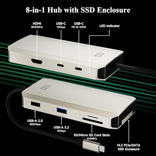 Minthouz USB C Docking Station,8-in-1 USB-C Hub with M.2 NVMe SATA SSD Enclosure,10Gbps Data Transfer, 8K@30Hz HDMI,87W PD,SD/TF Card Reader,USB 3.2 Hub for MacBook Pro/Air, Dell, HP Laptops