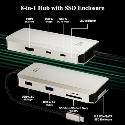 Minthouz USB C Docking Station,8-in-1 USB-C Hub with M.2 NVMe SATA SSD Enclosure,10Gbps Data Transfer, 8K@30Hz HDMI,87W PD,SD/TF Card Reader,USB 3.2 Hub for MacBook Pro/Air, Dell, HP Laptops