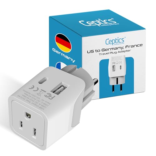 Ceptics Schuko, Germany, France, Spain Travel Adapter Plug with USB-A+USB-C- Usa Input Type E/F - Ultra Compact Perfect for Cell Phones, Laptop, Camera Chargers, iWatch, iPad, iPhone and More (CTU-9) - color: Pearl White