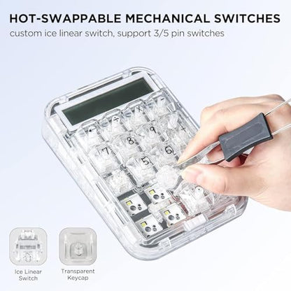 CoolKiller CK21 Mechanical Number Pad with Calculator, 2-in-1 Wired Numeric Keypad, Hot-Swappable 18 Keys, Transparent Backlit Numpad, Rechargeable for Laptop, PC, Desktop (Ice Blade Linear Switch)