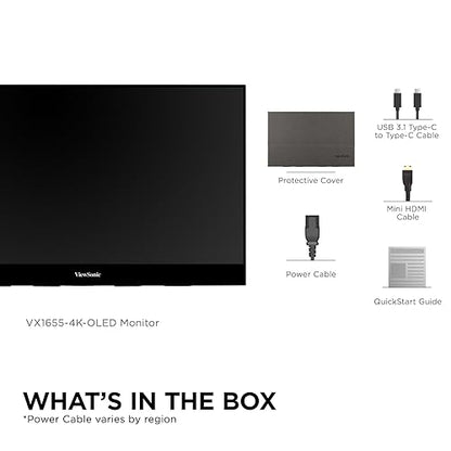 ViewSonic VX1655-4K-OLED 15.6 Inch 4K Portable Monitor, OLED Display for Immersive Mobile Workspaces and Second Screen Productivity, Built-in Stand, 60W USB-C, and Mini HDMI Inputs - style: 4K OLED