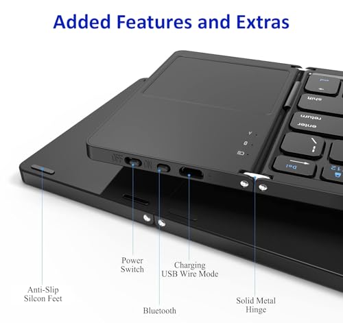 Slim Foldable Wireless Keyboard Compatible with Lenovo ThinkPad 8 64GB with TOUCHPAD Mouse Fully Universal Providing 48H Use, 560 Days Standby, Portable, Compact, Tri-Fold, Rechargeable!