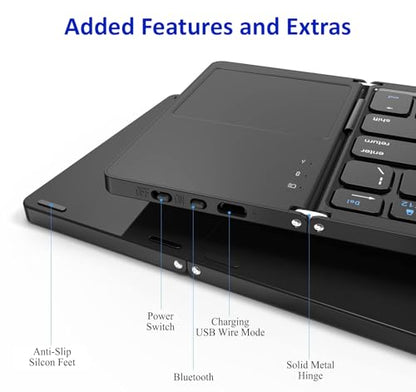 Slim Foldable Wireless Keyboard Compatible with Lenovo ThinkPad 8 64GB with TOUCHPAD Mouse Fully Universal Providing 48H Use, 560 Days Standby, Portable, Compact, Tri-Fold, Rechargeable!