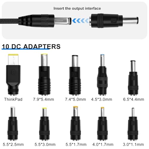 1m USB C to DC 5.5x2.1mm Adapter Universal Charger Supply 100W PD Trigger Power Converter Cable 5V/9V/12V/15V/20V Adjustable Voltage with LED Display,10 Power Plug Kit,for Laptops,Tablets
