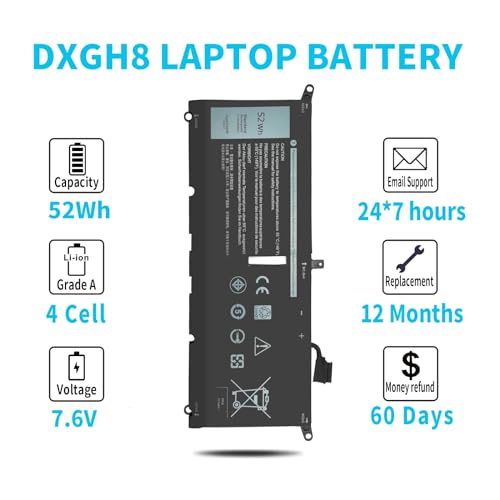 52Wh DXGH8 7.6V Battery for Dell XPS 13 9370 9380 Inspiron 13 7390 7391 2-in-1 5390 5391 14 7490 Latitude 3301 Vostro 13 5390 5391 G8VCF H754V 0H754V V48RM HK6N5 P82G P82G002 P113G P114G P115G 4 Cell
