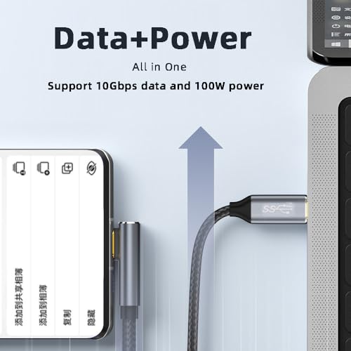 cablecc 10Gbps 100W Data Reversible Type-C USB-C Male to Male USB3.1 Cable Low Profile Angled 90 Degree for Laptop Phone 200CM - style: Low Profile Angled-200CM