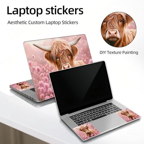 Universal Laptop Skin Sticker Decal, 12"-15.6" Aesthetic Vinyl Wrap, Highland Cow Pink Flowers Waterproof Notebook Cover Art Protector for MacBook HP Dell Lenovo, Fits 13" 14" 15" 15.6" - color: Highland Cow Pink Flowers