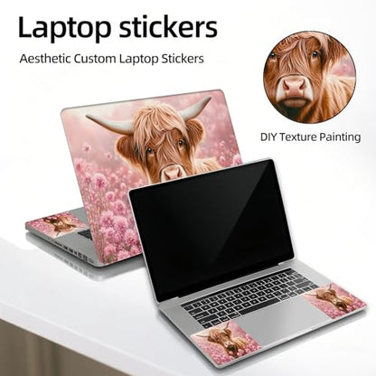 Universal Laptop Skin Sticker Decal, 12"-15.6" Aesthetic Vinyl Wrap, Highland Cow Pink Flowers Waterproof Notebook Cover Art Protector for MacBook HP Dell Lenovo, Fits 13" 14" 15" 15.6" - color: Highland Cow Pink Flowers