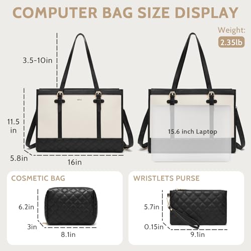 Keyli 3pcs Laptop Bag for Women,15.6 Inch Canvas Tote Bag Work Bags Large Business Computer Briefcase Shoulder Handbag Purse - color: S-black+khaki