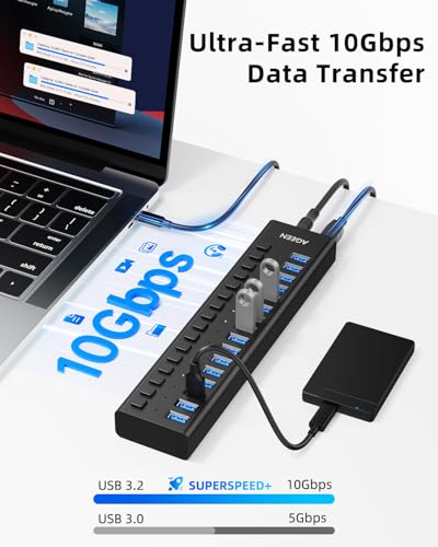 AGEEN 16-Port Powered USB 3.2 Hub, 10Gbps Data Transfer, 96W Power Adapter | Plug & Play, Individual On/Off Switch, Aluminum Housing, Surge Protection, USB Hub for Laptop/PC, Computer, HDD, Flash Drive
