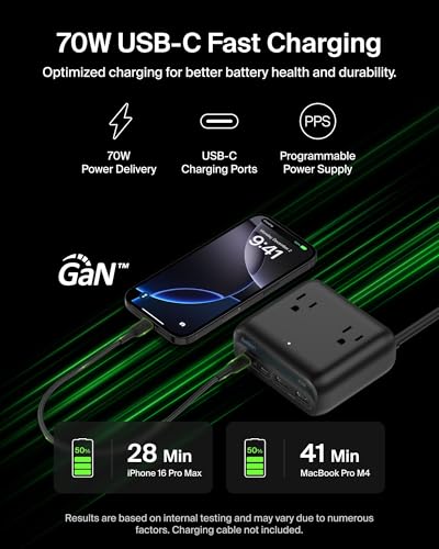 Belkin 70W GaN 7 in 1 Charging Station, 3X AC, 2X USB A, & 2X USB C Ports | Power strip, dual USB-C charger, iPhone 17/16/15, Apple Watch, iPad, MacBook, Samsung Galaxy S26, Pixel 10 - style: 70W, 3 AC Outlet